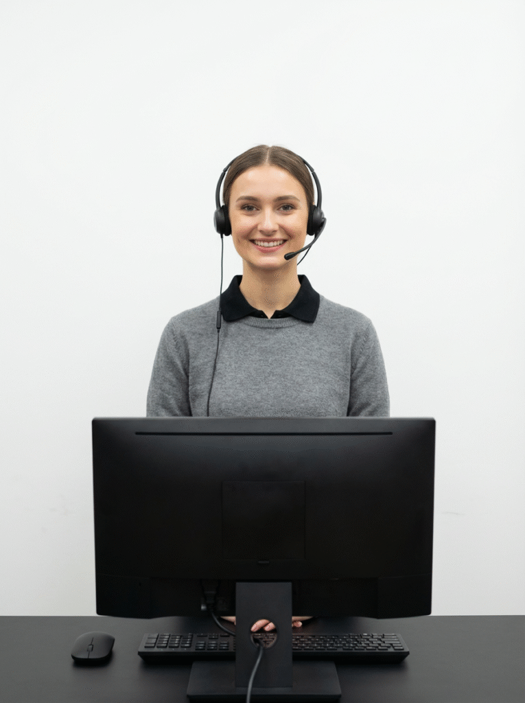 firefly gemini flash create an image of the girl with her black, thin headset on. she is smiling at us. sh 998604 (2)